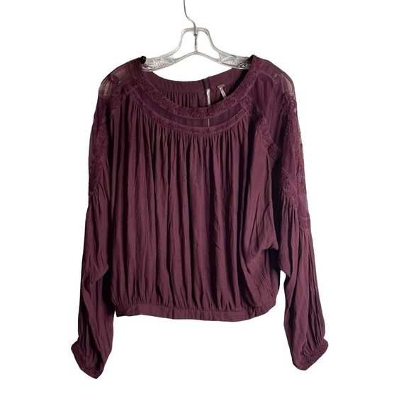 Free People Tops - Free People plum colored size S oversized floral embroidered and mesh blouse